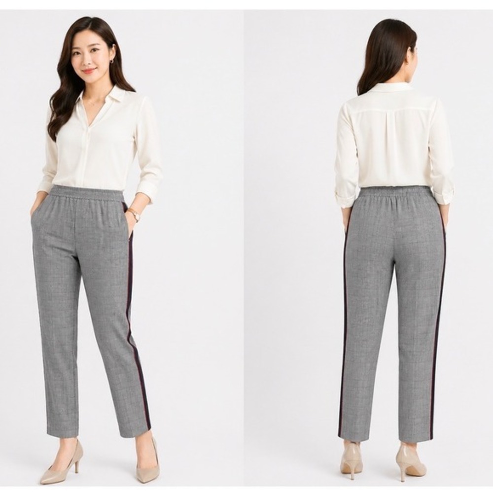 Joe B Plaid Pull‎ On Trousers Grey Black Side Stripe XL Preppy Chic Office 88-60